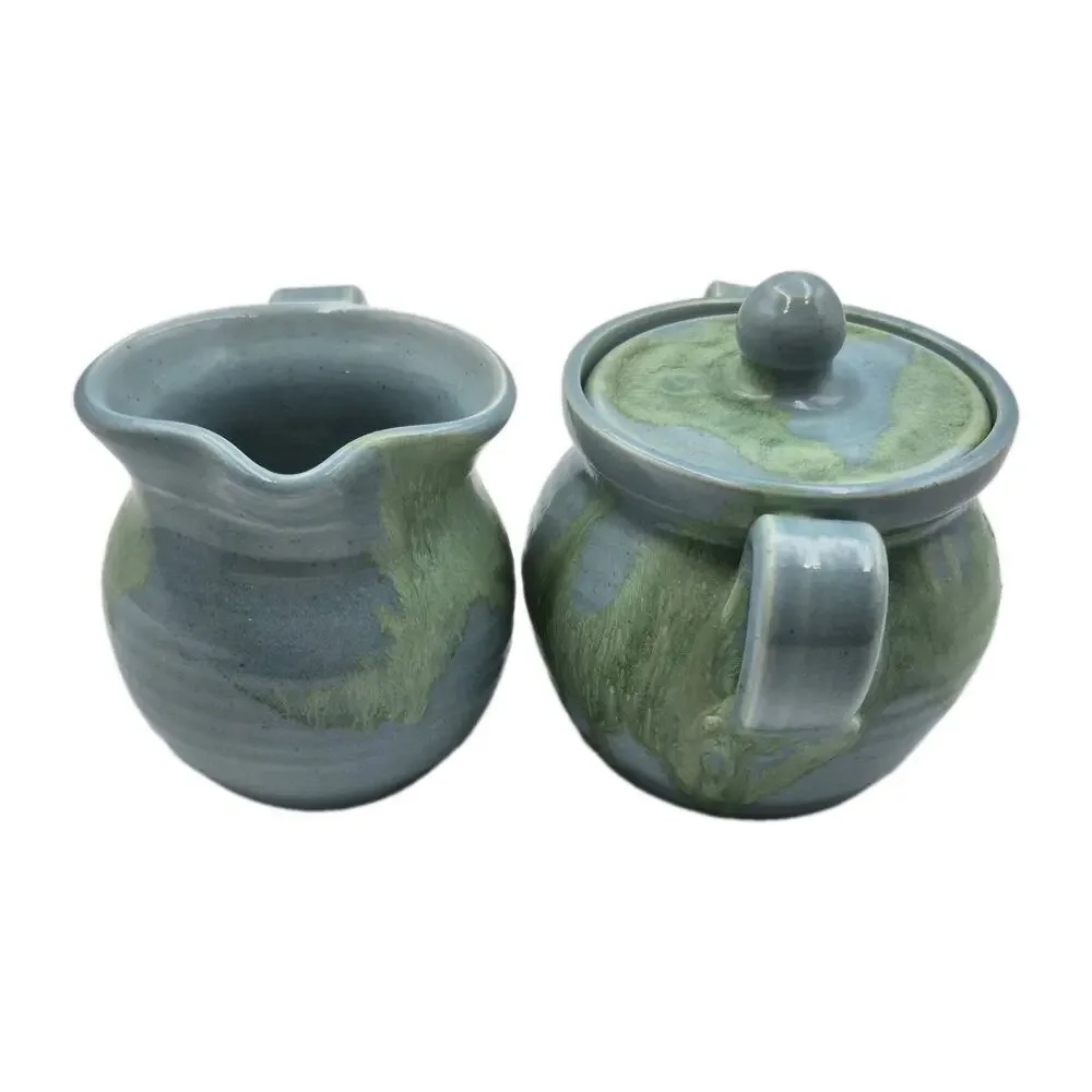 Signed Pottery Blue/Green Creamer Sugar 3.5
